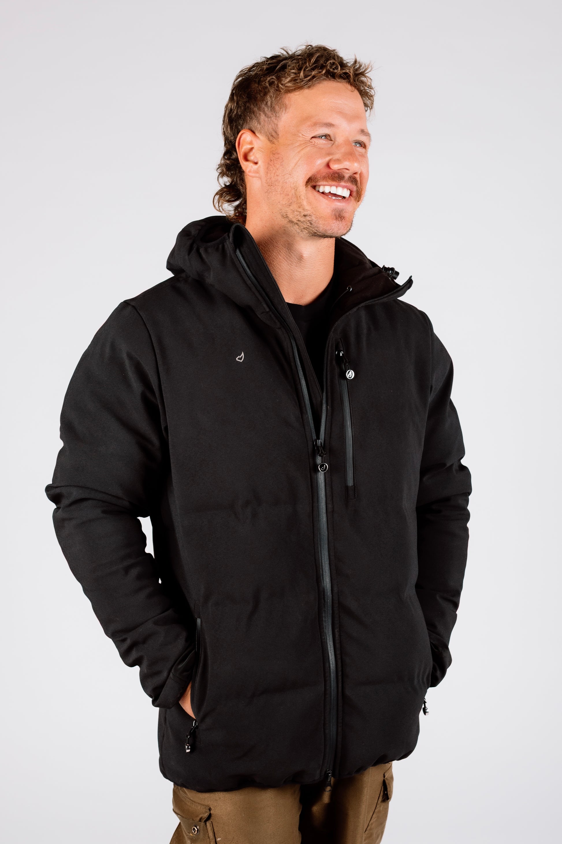Man wearing a black jacket on a white background
