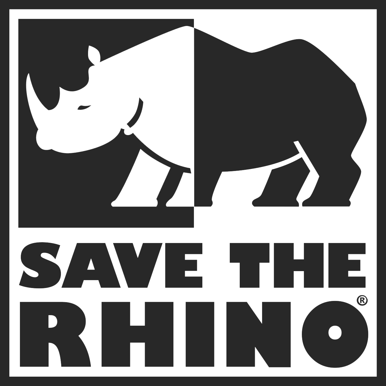 Logo with a rhino silhouette and 'Save the Rhino' text on a white background